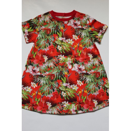 Lühikeste varrukatega kleit"Troopilised taimed punasel"